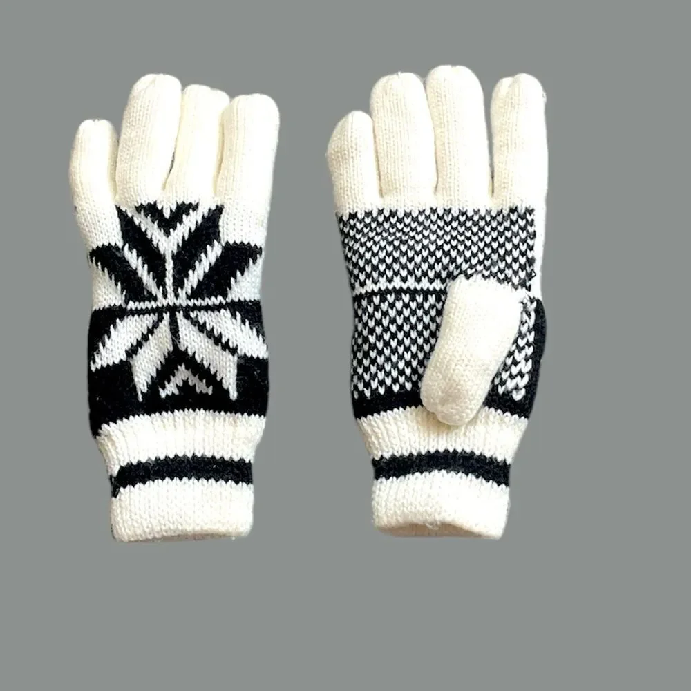 Sherpa Lining Winter Ski Gloves, Stretchable Snowflake White Black Unisex